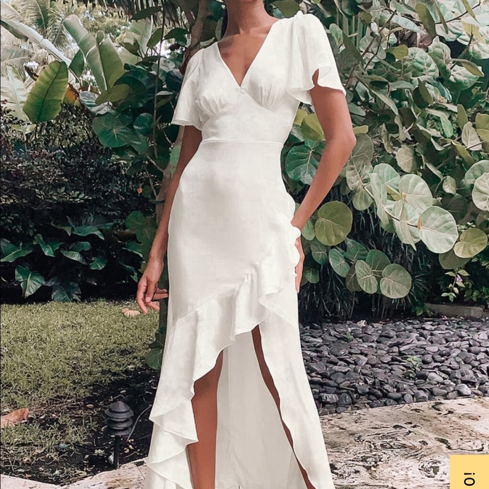 Eternal Bond White Satin Ruffled Flutter Sleeve Maxi